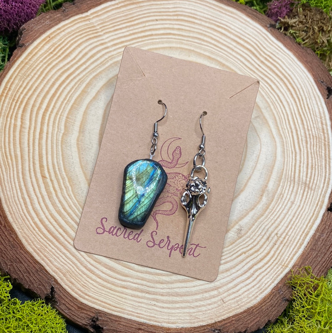 Mismatched Labradorite Coffin and Plague Mask earrings #2