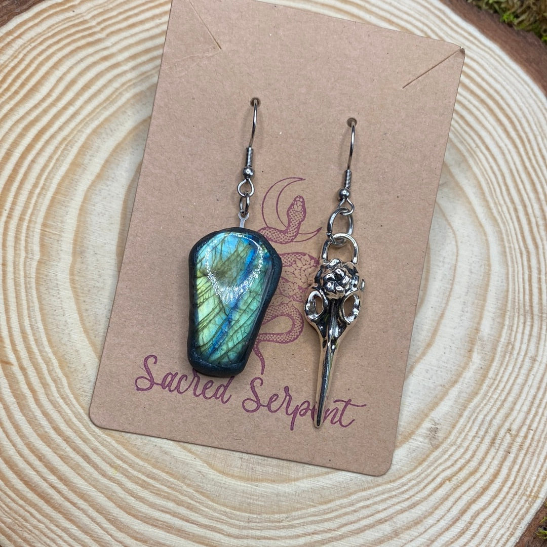 Mismatched Labradorite Coffin and Plague Mask earrings #2
