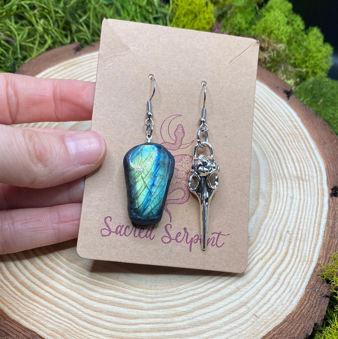 Mismatched Labradorite Coffin and Plague Mask earrings #2