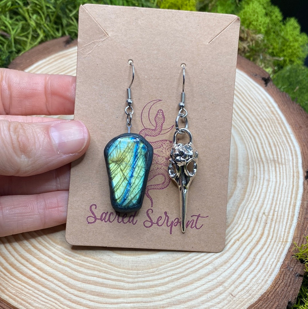 Mismatched Labradorite Coffin and Plague Mask earrings #2
