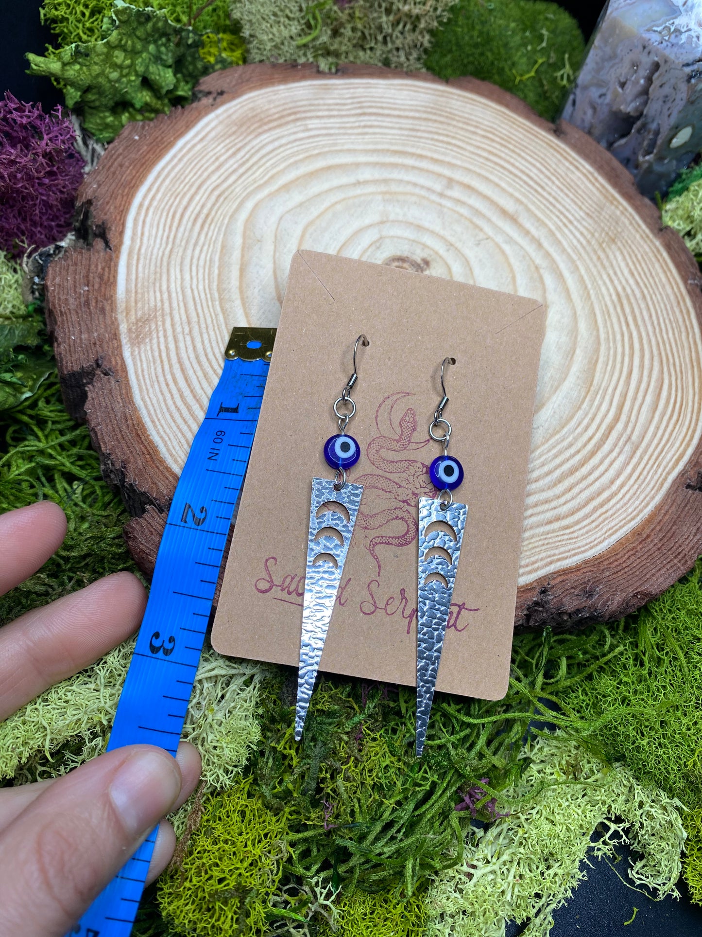 Evil Eye Hand-beaded Moon Point Earrings