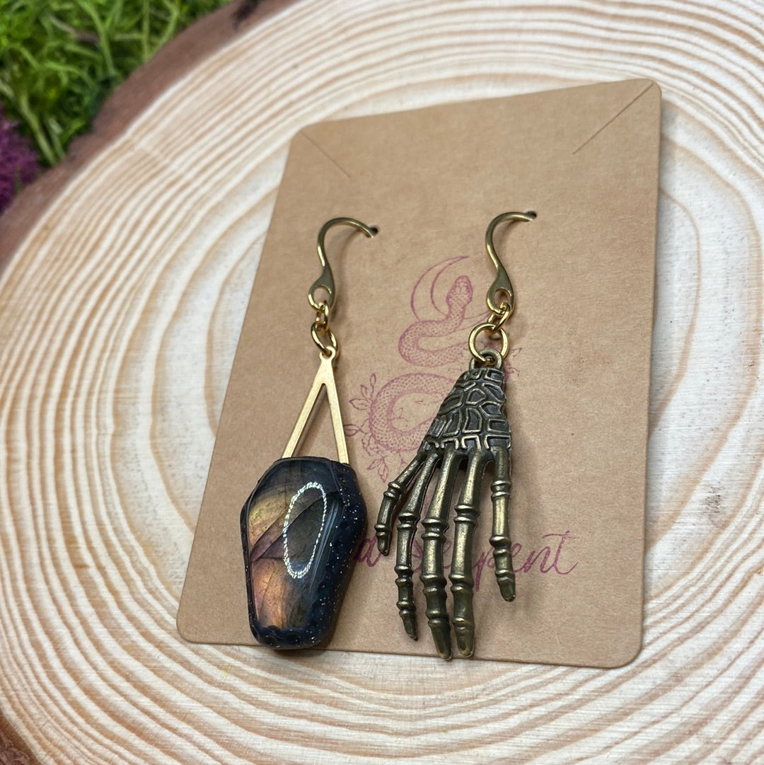 Mismatched Labradorite Coffin and Skeleton Hand brass earrings