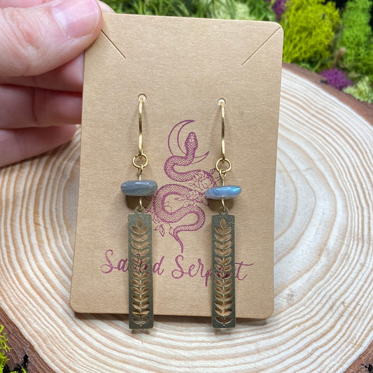 Labradorite and botanical brass earrings