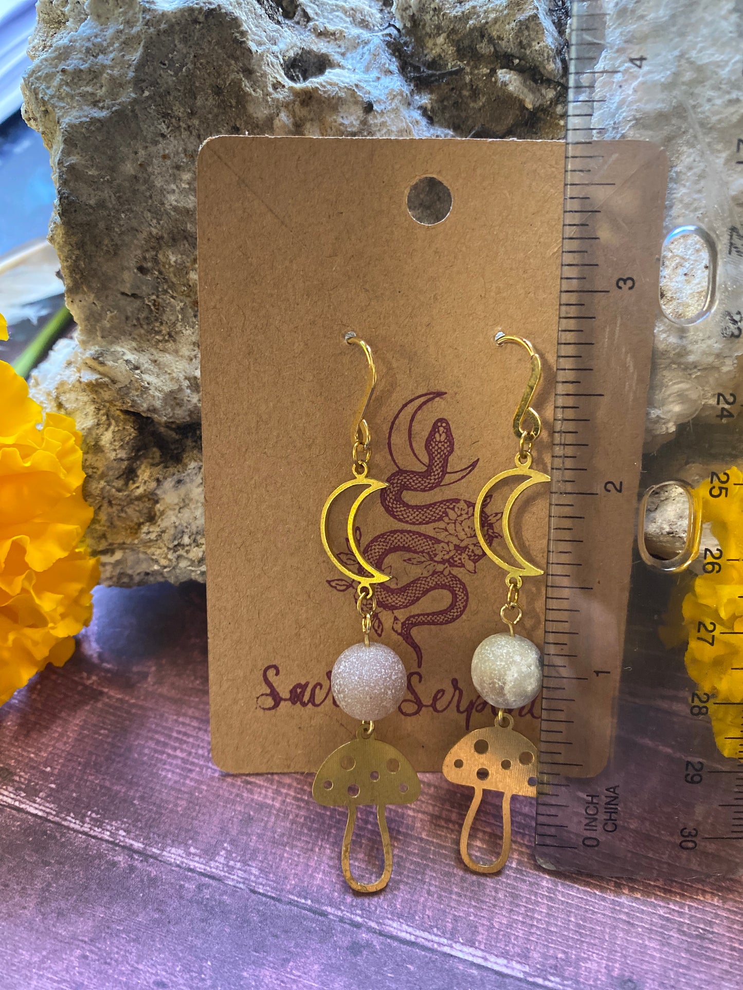 Crescent Moon and Mushroom Earrings