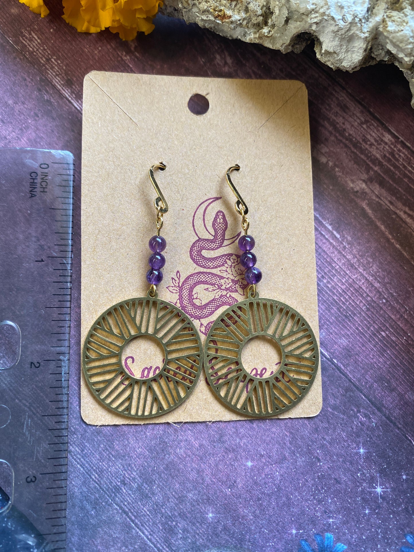 Amethyst and Coin Brass Earrings