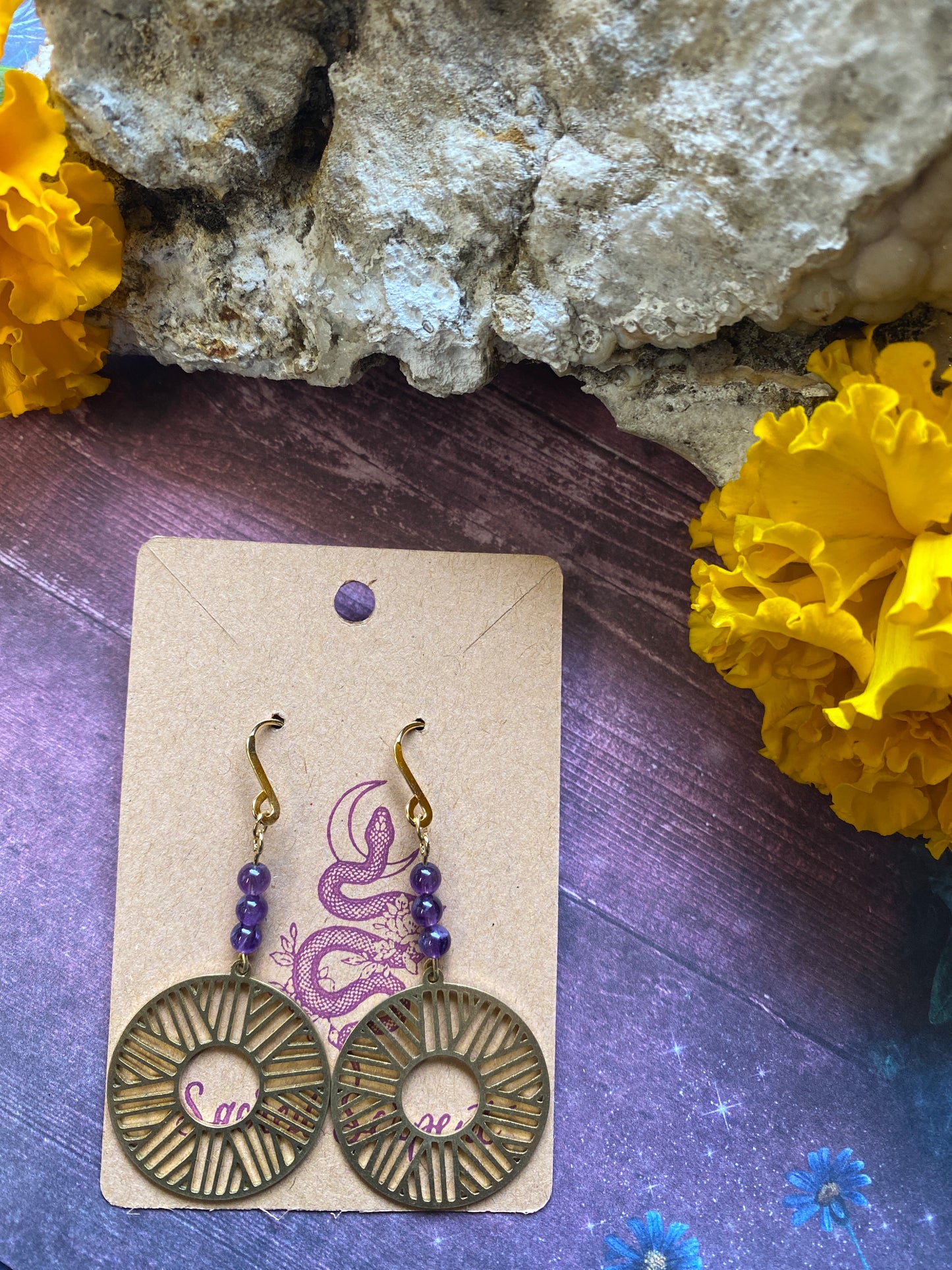 Amethyst and Coin Brass Earrings