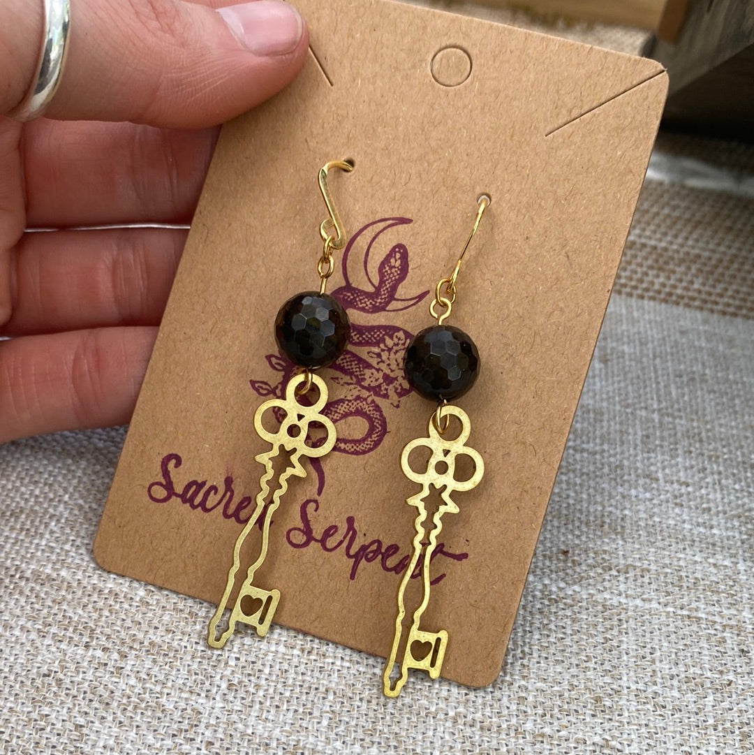 Rainbow Obsidian and Brass Key Earrings