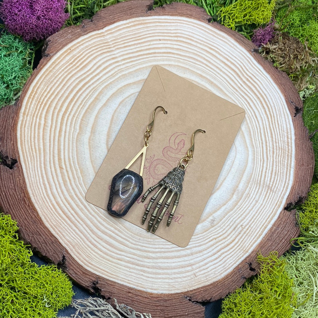 Mismatched Labradorite Coffin and Skeleton Hand brass earrings