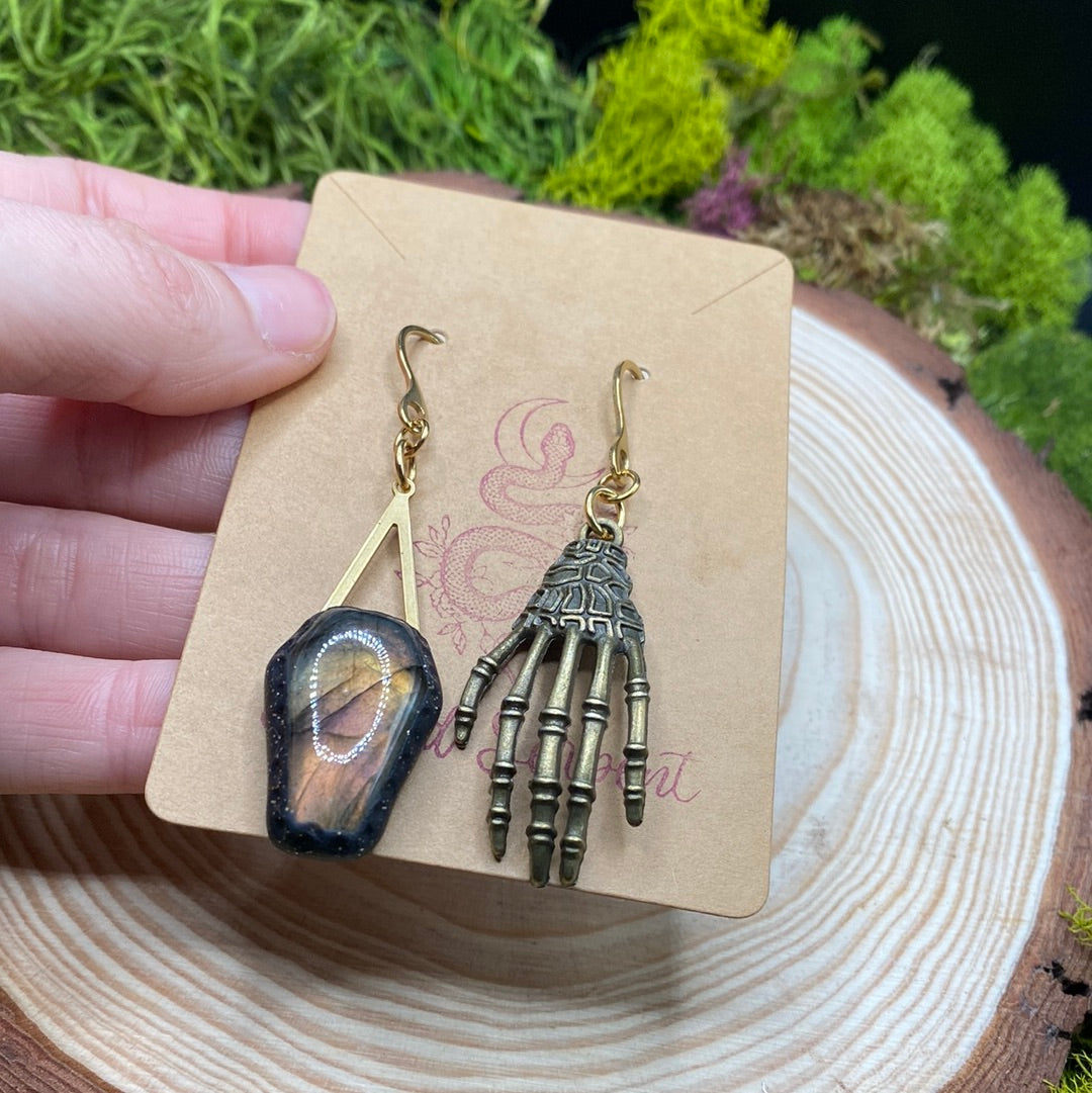 Mismatched Labradorite Coffin and Skeleton Hand brass earrings