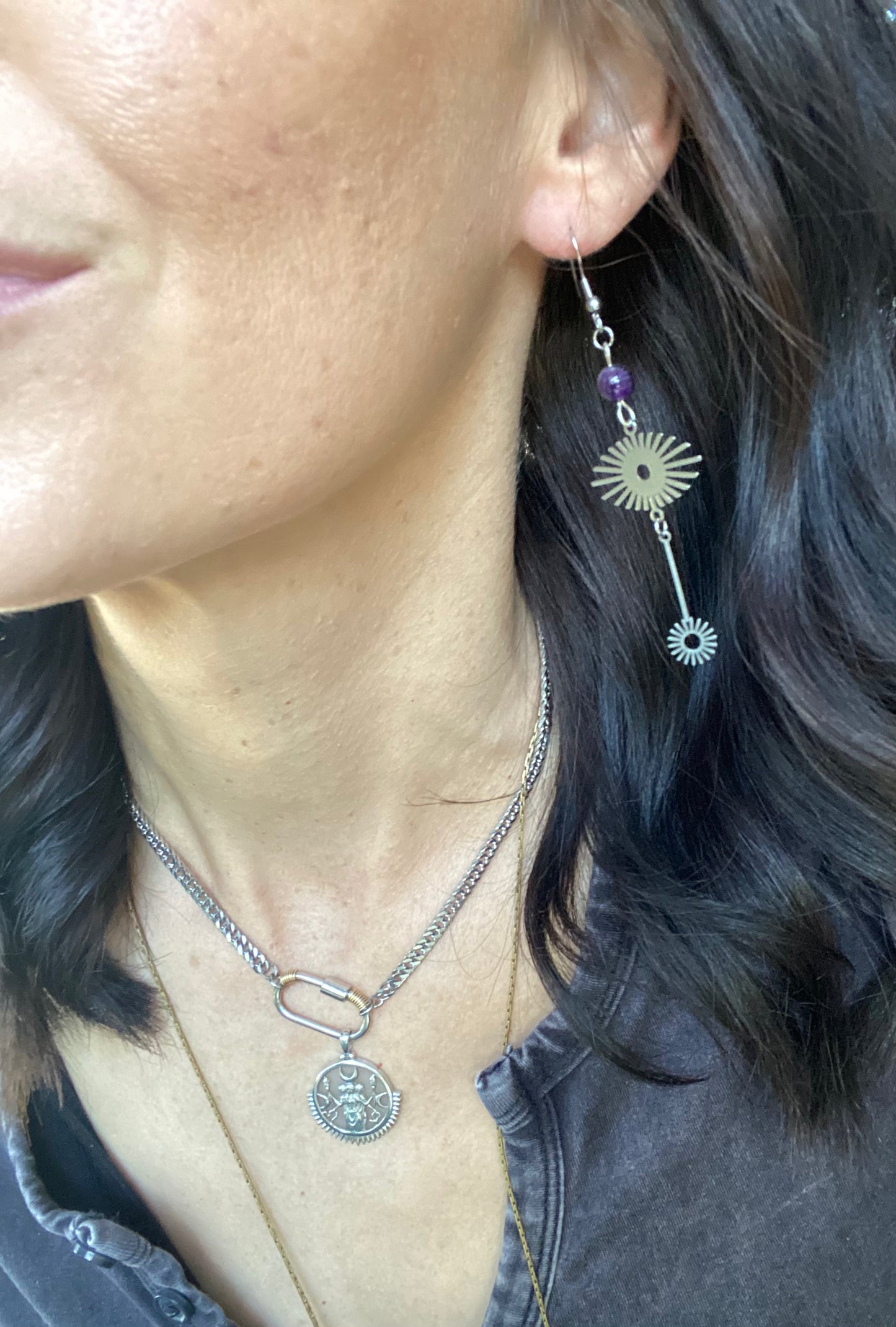 Amethyst and Stainless Steel Sunburst Earrings