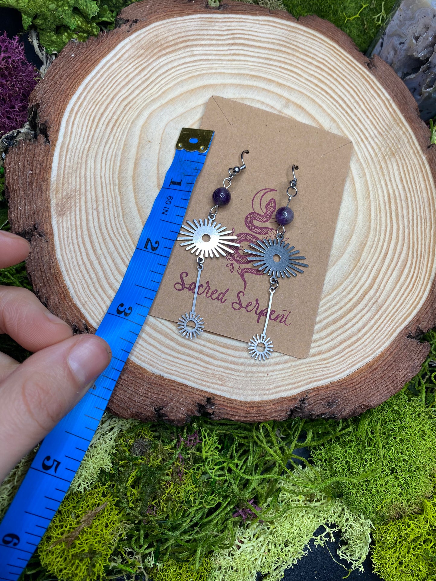 Amethyst and Stainless Steel Sunburst Earrings