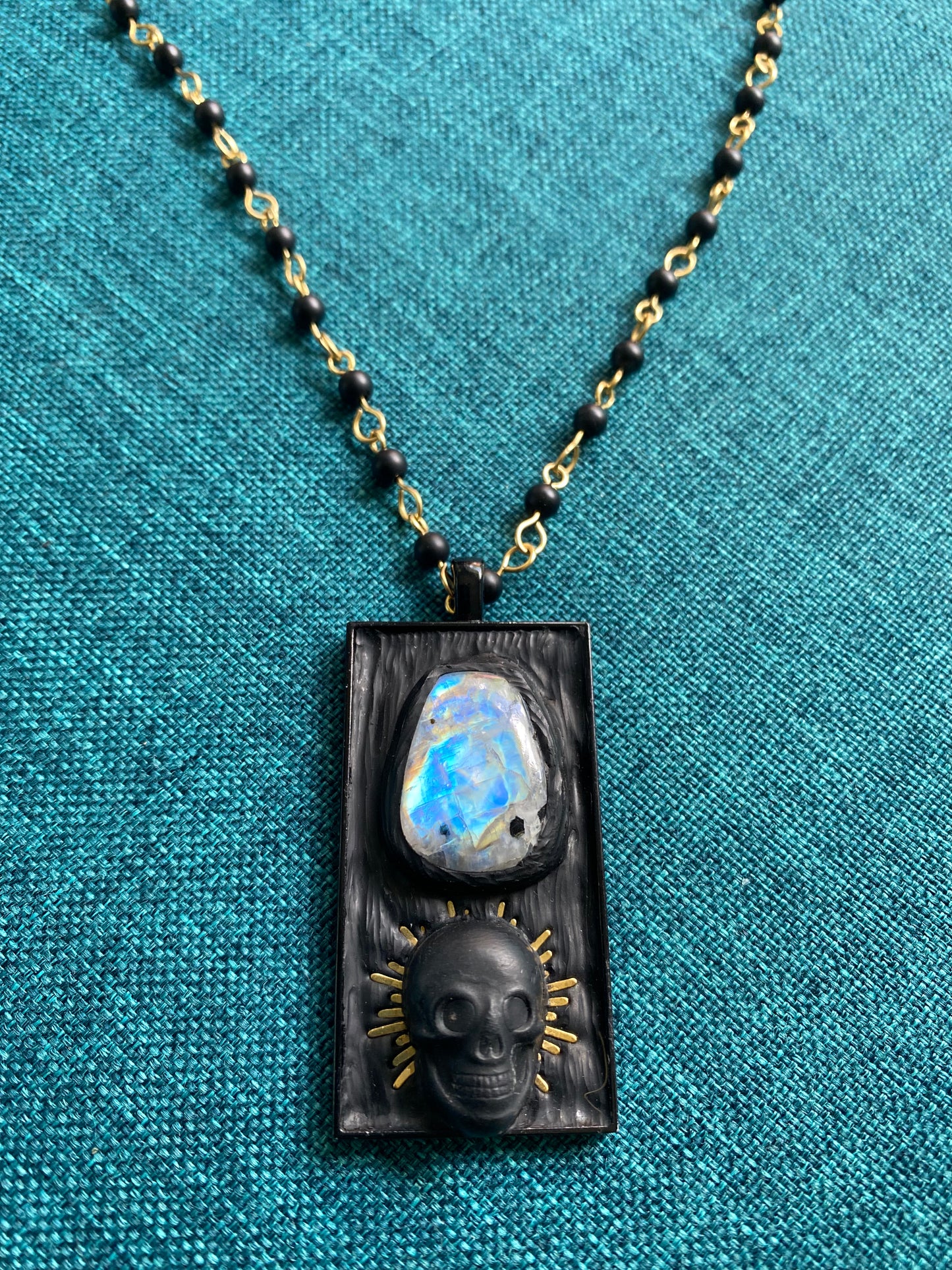 Black moonstone and radiant skull hand beaded necklace