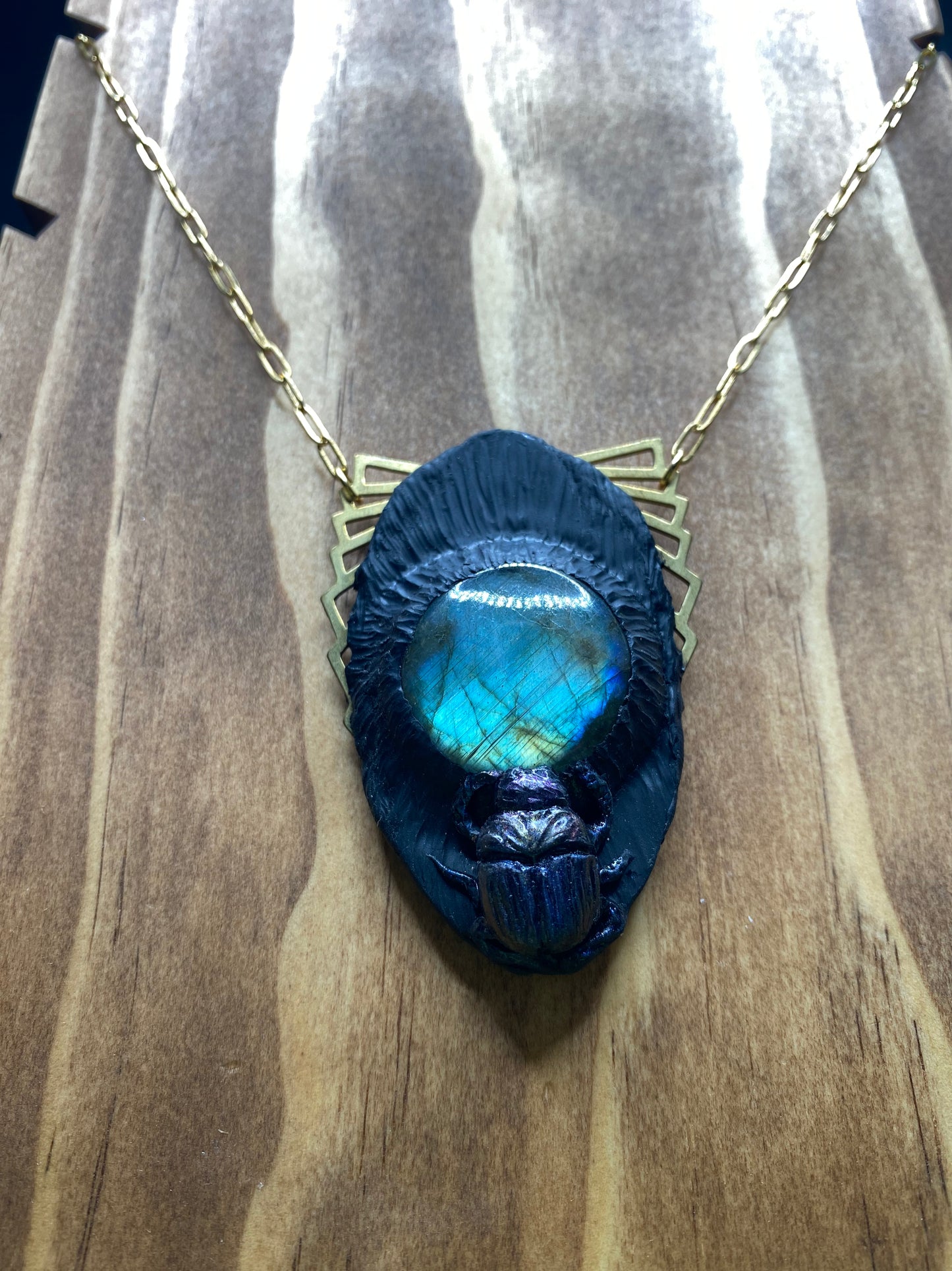 Black Scarab and Labradorite Pendant on a Paperclip chain