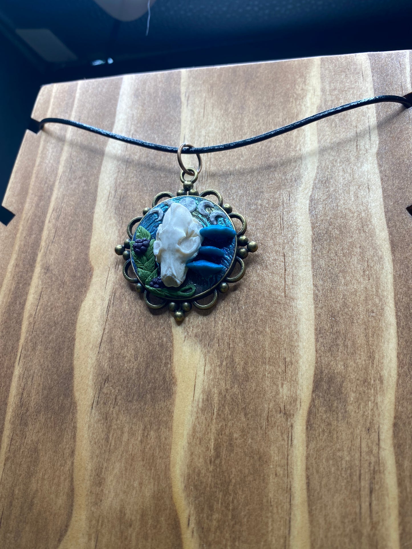 Hand-sculpted Coyote skull and Mushrooms with Vintage Brass Bezel