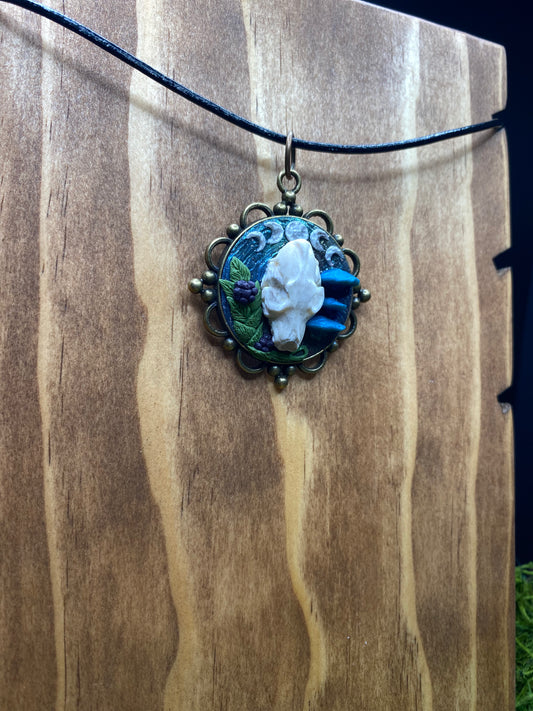 Hand-sculpted Coyote skull and Mushrooms with Vintage Brass Bezel