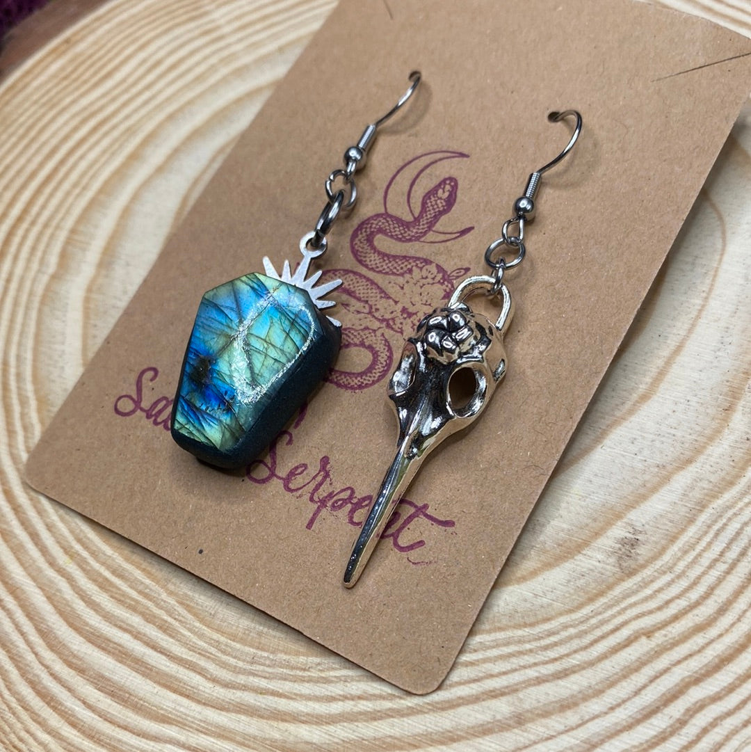Mismatched Labradorite Coffin and Plague Mask earrings
