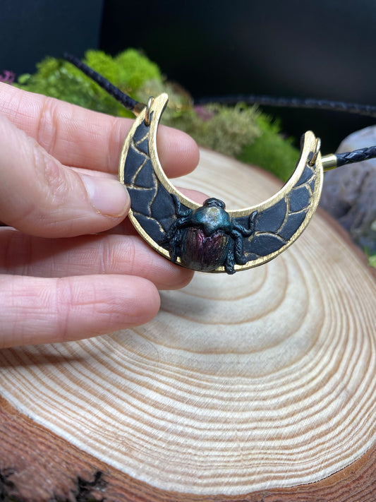 Black Scarab and Crescent Moon Necklace