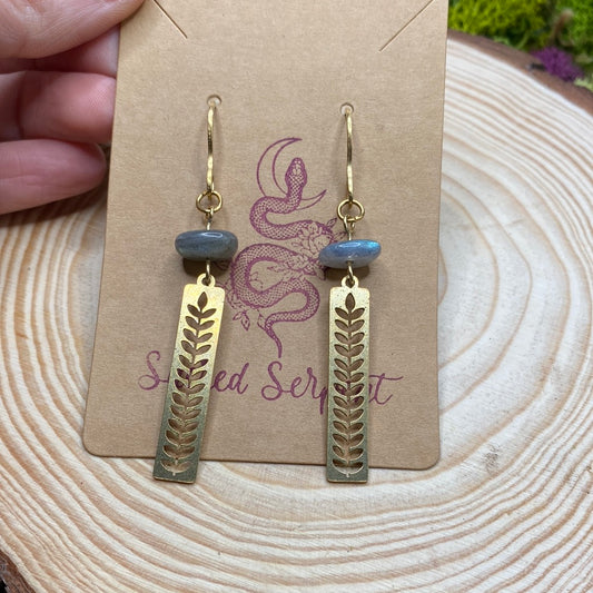 Labradorite and botanical brass earrings