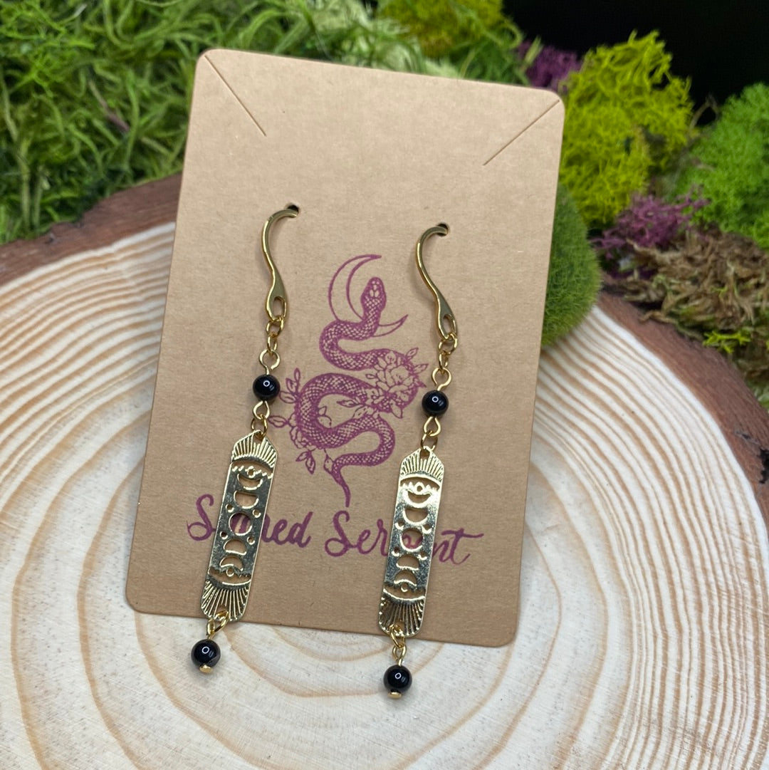 Black Tourmaline and Brass Moonphase Earrings