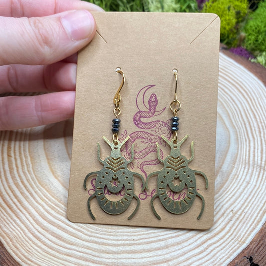 Hematite and brass beetle earrings
