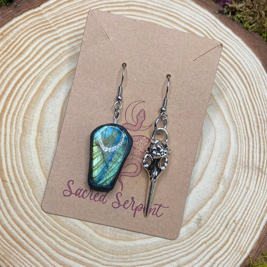 Mismatched Labradorite Coffin and Plague Mask earrings #2