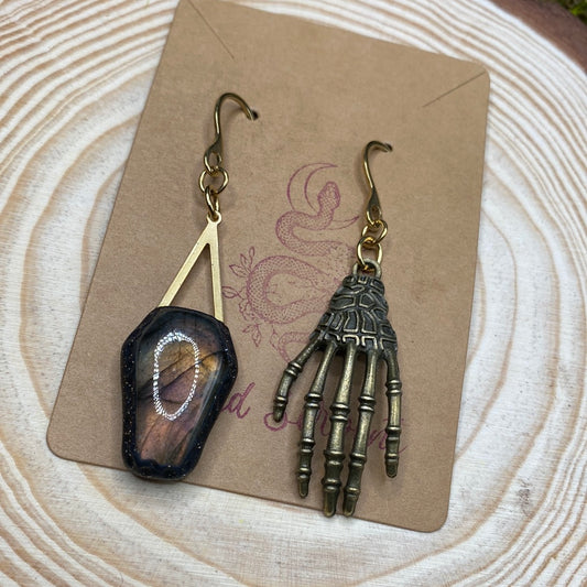 Mismatched Labradorite Coffin and Skeleton Hand brass earrings