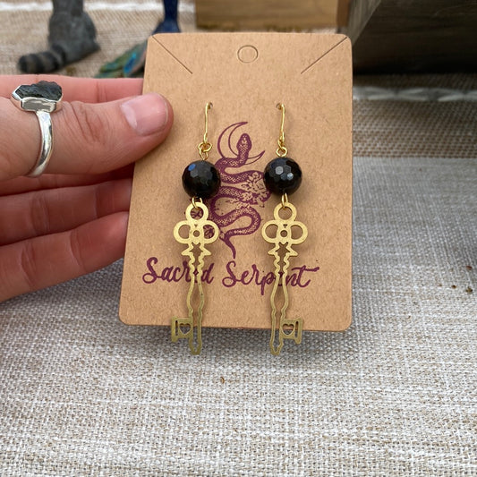 Rainbow Obsidian and Brass Key Earrings
