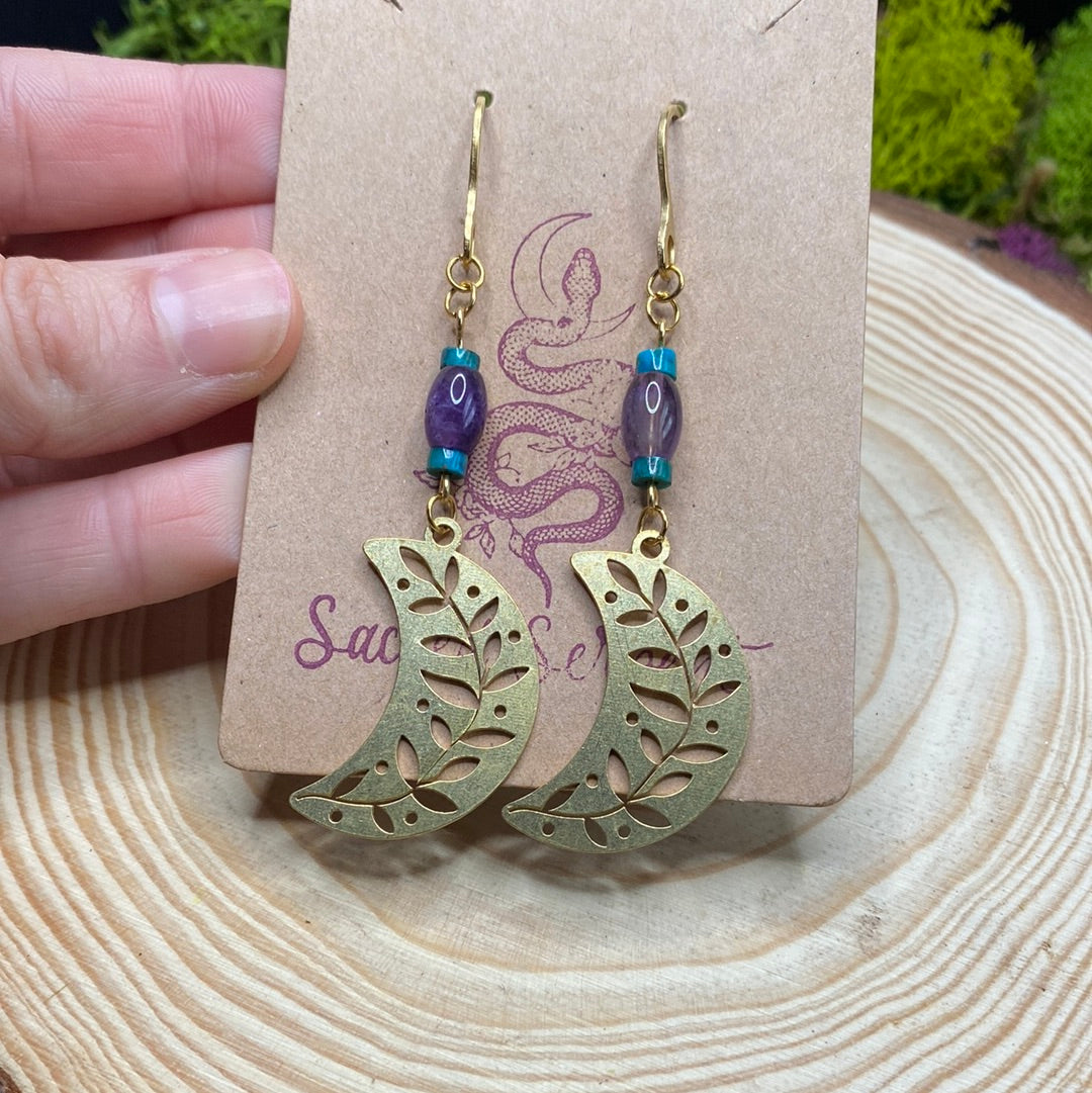 Amethyst and Turquoise Crescent Moon Earrings