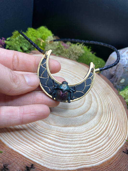 Black Scarab and Crescent Moon Necklace