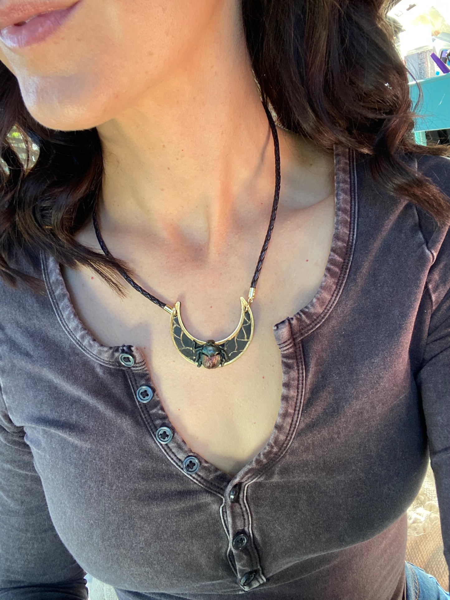Black Scarab and Crescent Moon Necklace