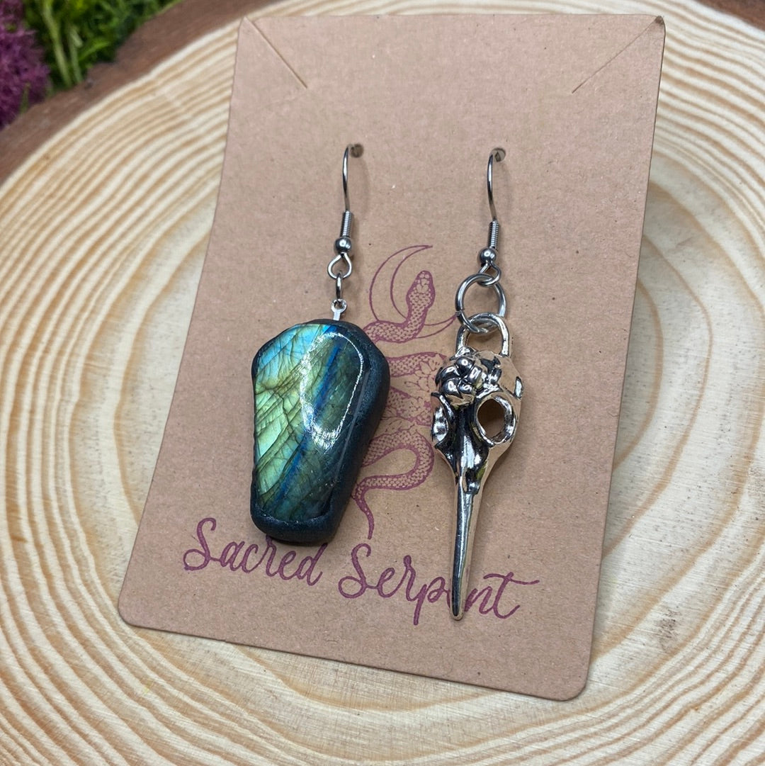 Mismatched Labradorite Coffin and Plague Mask earrings #2