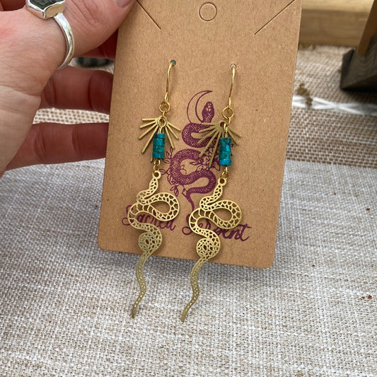 Hand Beaded Turquoise and Snake Earrings