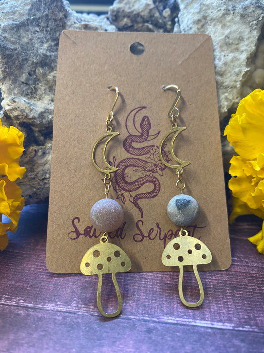 Crescent Moon and Mushroom Earrings