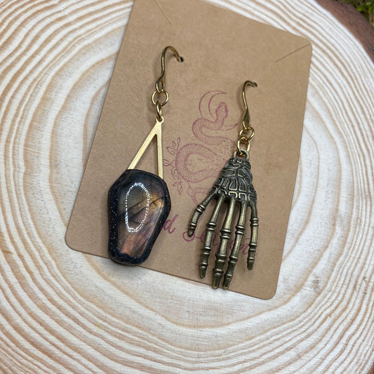 Mismatched Labradorite Coffin and Skeleton Hand brass earrings