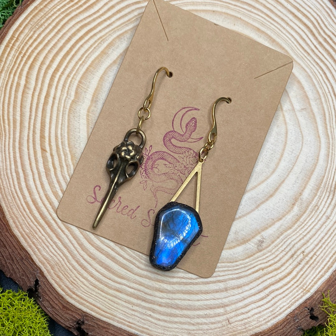 Mismatched Labradorite Coffin and Plague Mask brass earrings