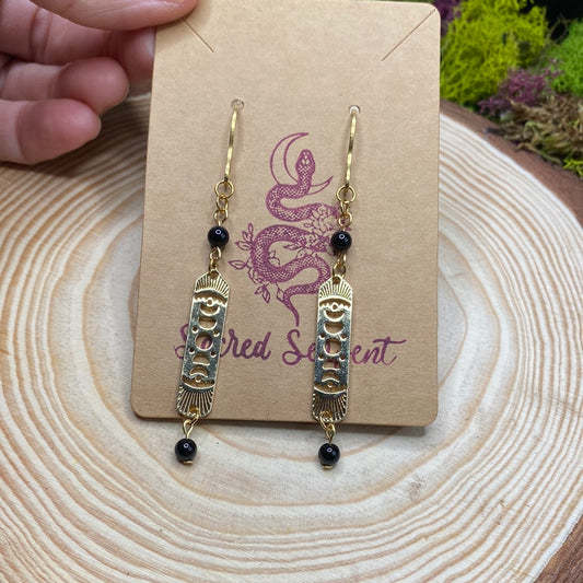 Black Tourmaline and Brass Moonphase Earrings
