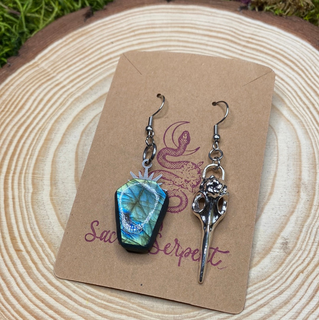 Mismatched Labradorite Coffin and Plague Mask earrings