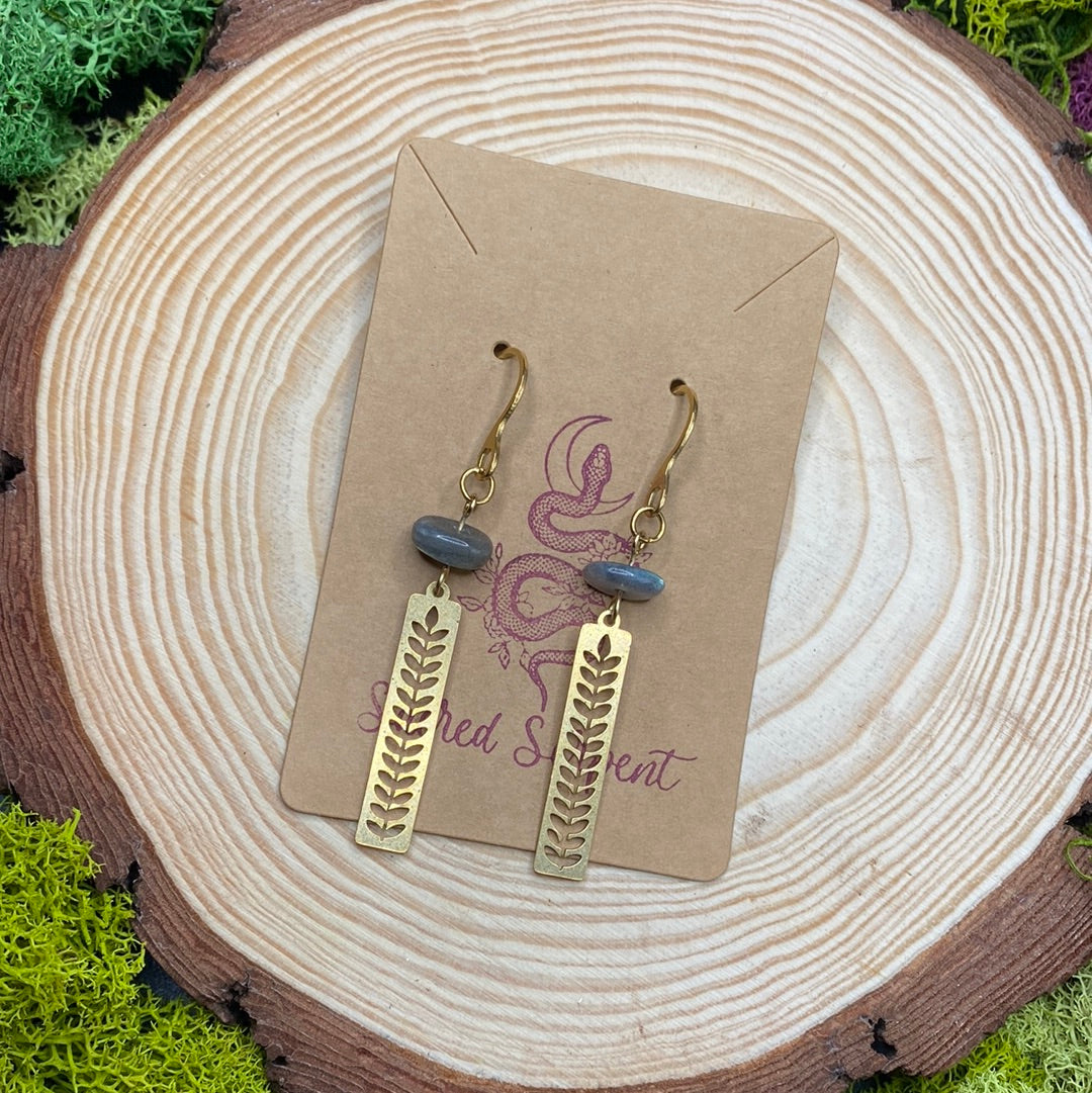 Labradorite and botanical brass earrings