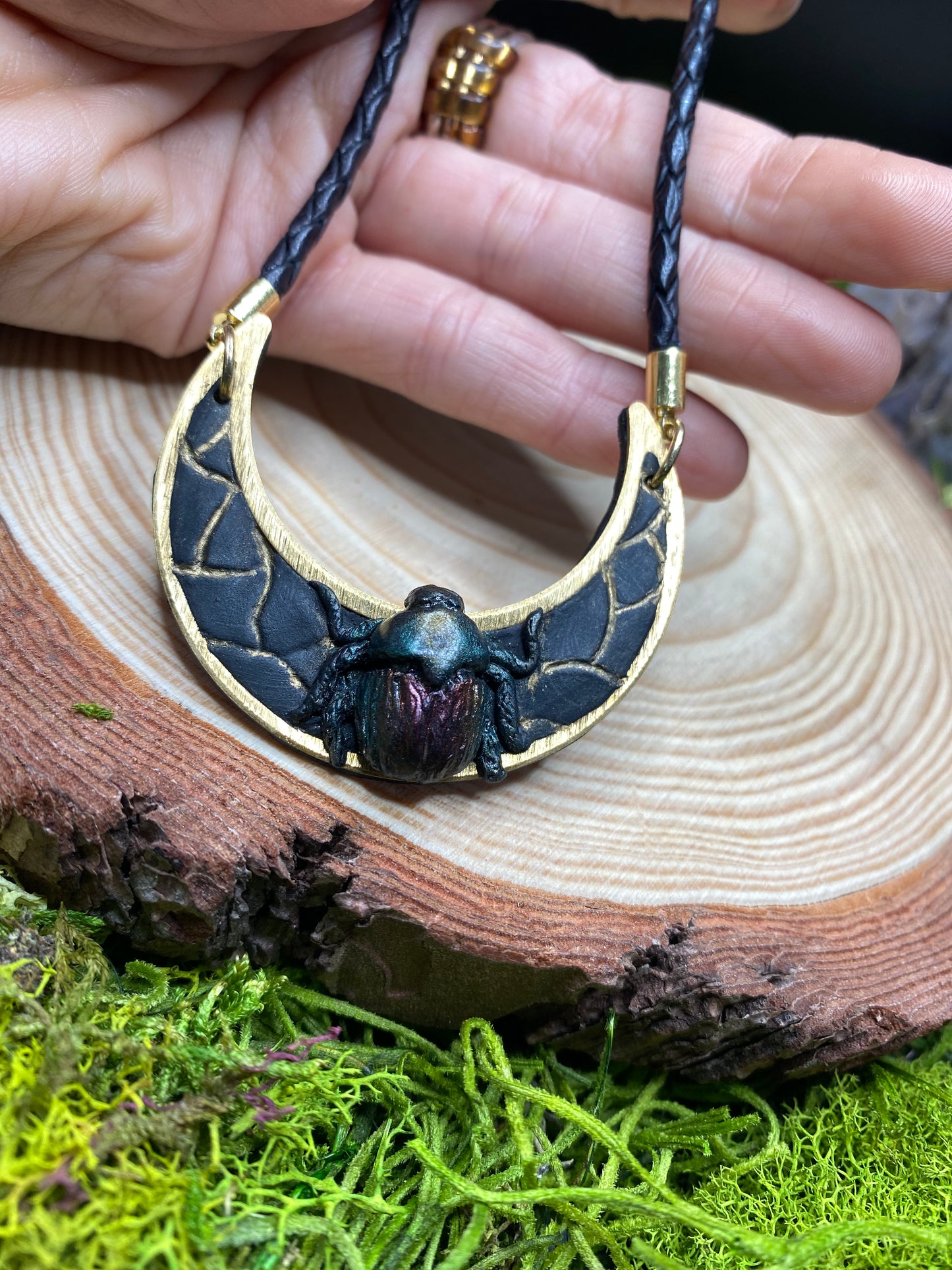 Black Scarab and Crescent Moon Necklace