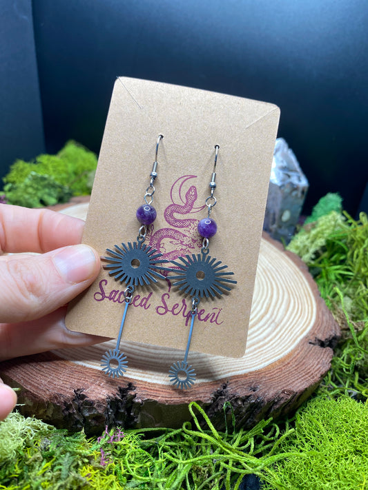 Amethyst and Stainless Steel Sunburst Earrings