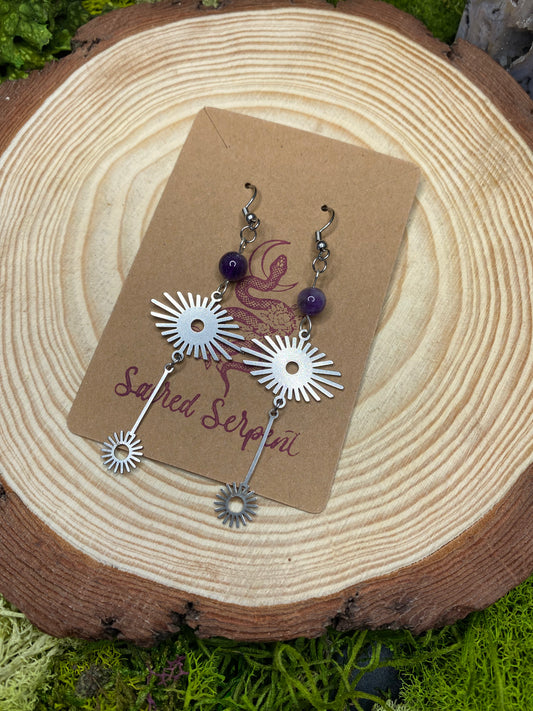 Amethyst and Stainless Steel Sunburst Earrings