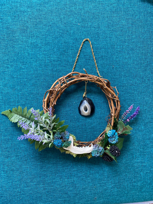 Raccoon Jaw Bone and Floral Wreath