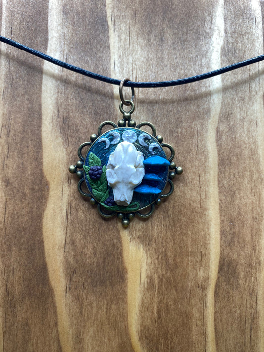 Hand-sculpted Coyote skull and Mushrooms with Vintage Brass Bezel