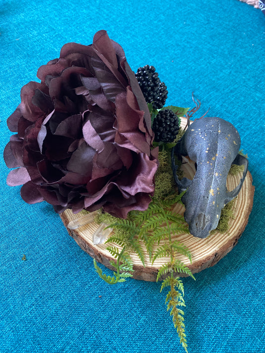 Quartz Raccoon Skull and Burgundy Peony Wall Art