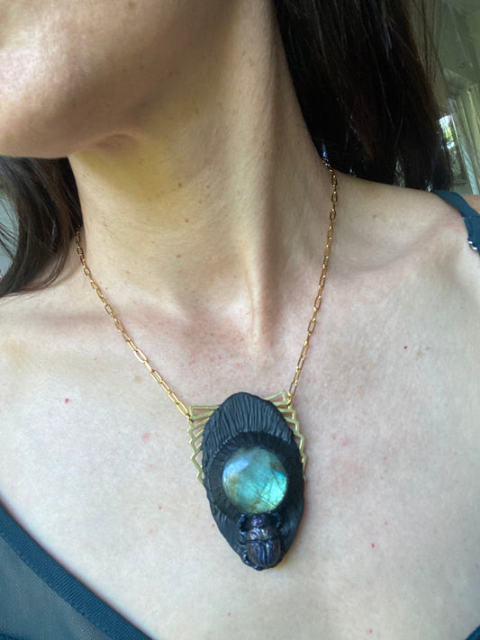 Black Scarab and Labradorite Pendant on a Paperclip chain