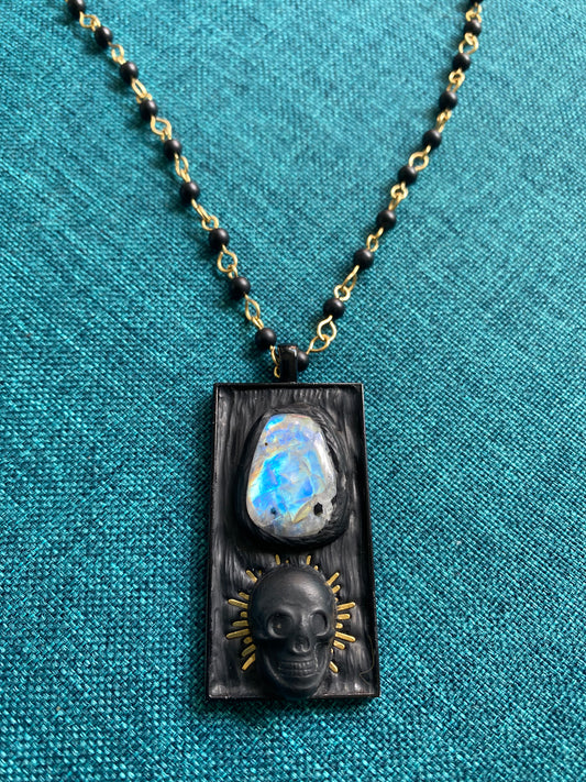 Black moonstone and radiant skull hand beaded necklace
