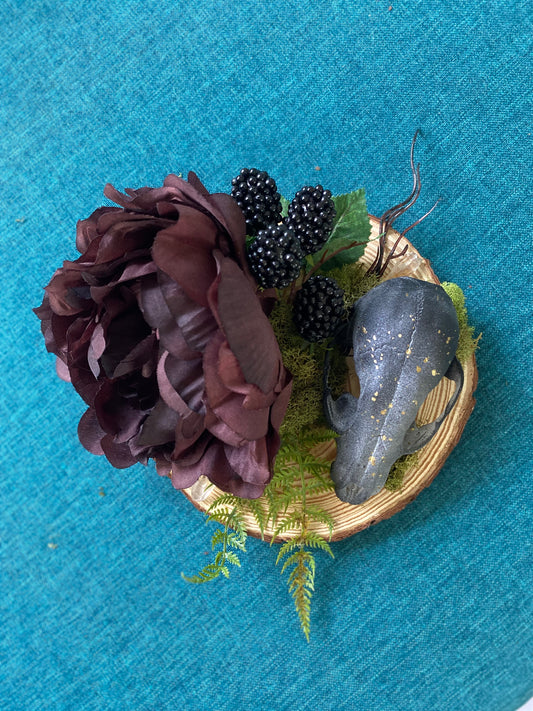 Quartz Raccoon Skull and Burgundy Peony Wall Art