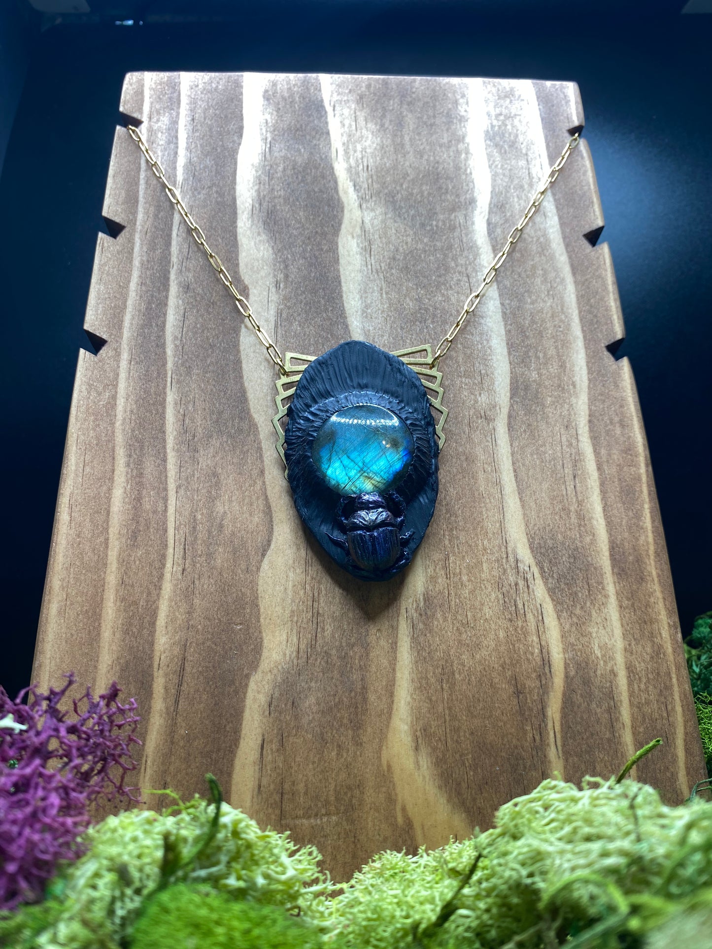 Black Scarab and Labradorite Pendant on a Paperclip chain