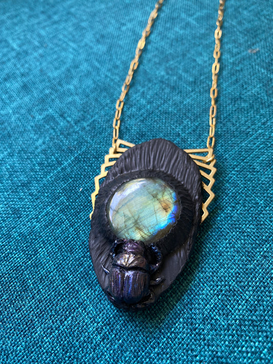 Black Scarab and Labradorite Pendant on a Paperclip chain