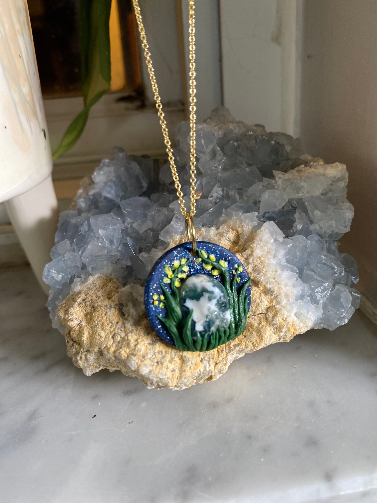 Moss Agate and Golden Rod Pendant